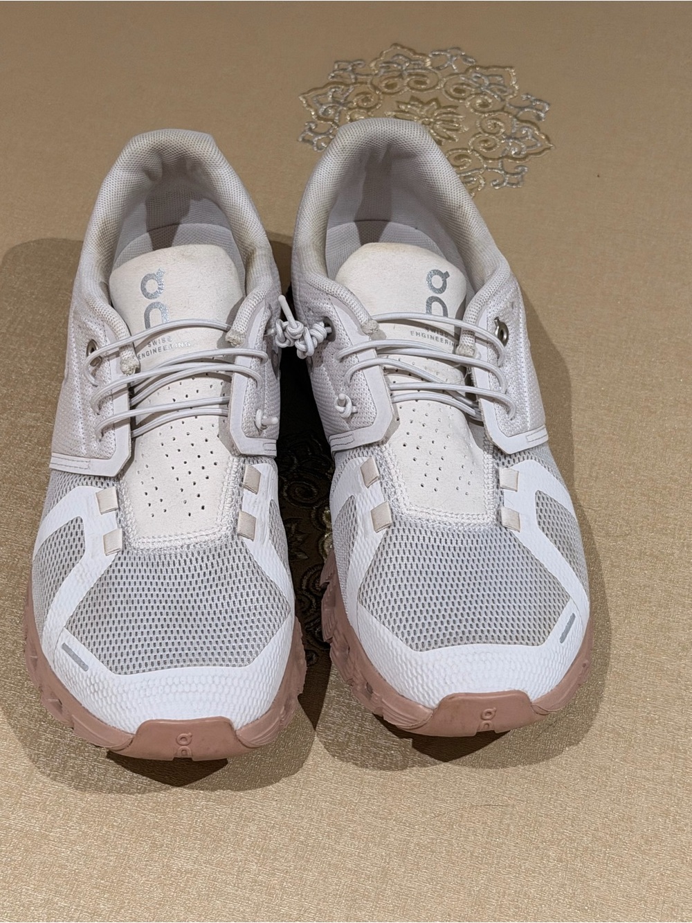 On Cloud Women’s Athletic Shoes - Light Gray with Pink Sole - Picture 2 of 8